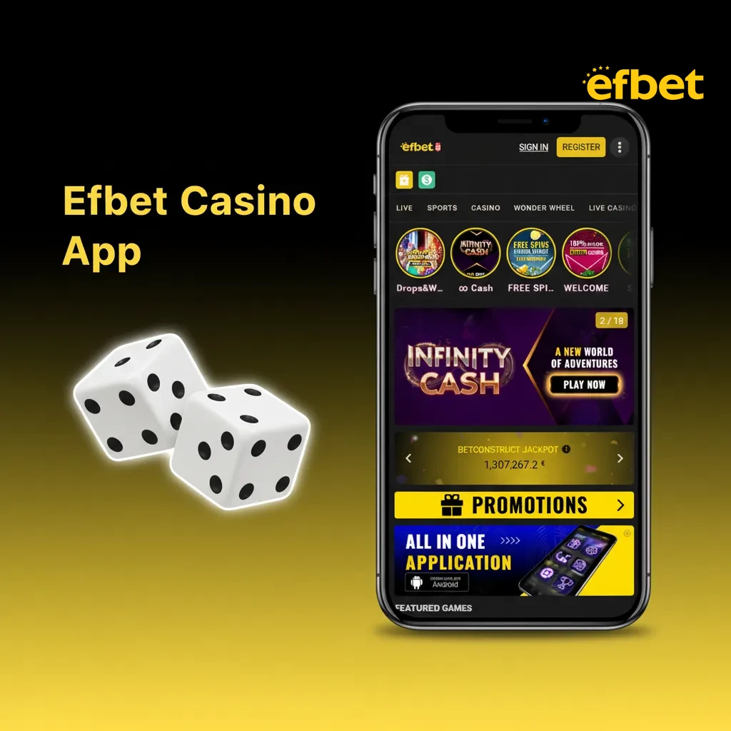 Екран от приложението Efbet: бързо превключване Спорт/Казино, слотове, Live Casino с крупиета, промоции и турнири.