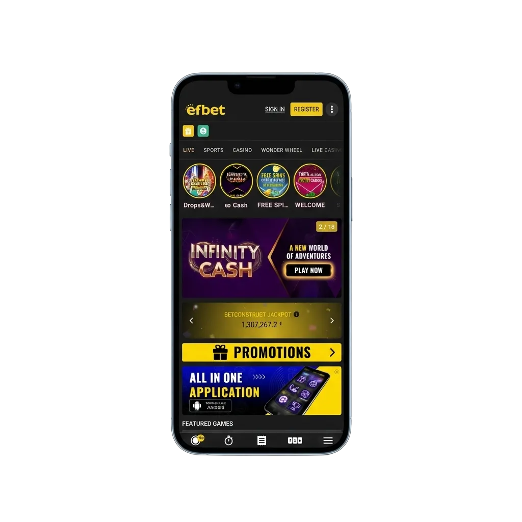 Efbet mobile app download screen showing Android APK and iOS options with sports betting and casino games interface